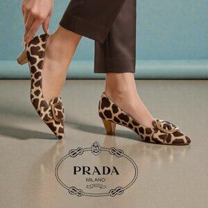 Prada Vintage Glam Calf Hair Giraffe Print Buckle Kitten Heels~$585
